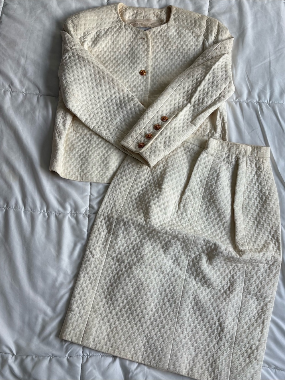 CHANEL Cream Quilted midi skirt and jacket set